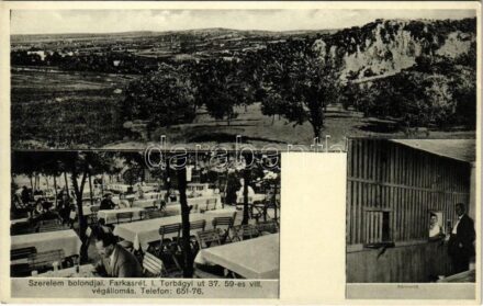 Budapest XII. Farkasrét, Szerelem bolondjai vendéglő kertje, Kármentő. Jókai Mór idézet a hátoldalon (Torbágyi út 37. ma Rácz Aladár és Kázmér út kereszteződése)