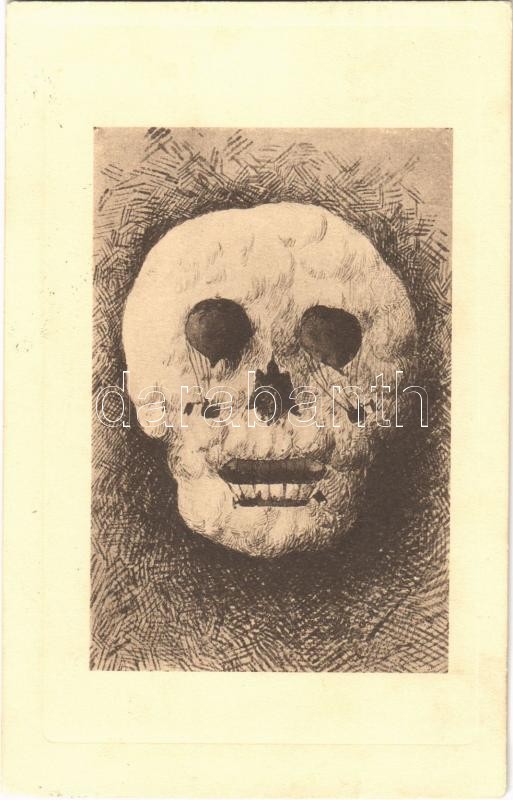 1917 Optikai illúziós lap: koponya léggömbökkel és léghajóval. Magyar Rotophot Társaság / Optical illusion art postcard with skull, balloons and airship (EK)