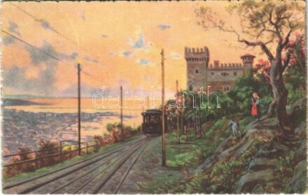 Trieste, Trieszt; Ferrovia elettrica per Opcina / Trieste-Opicina tramway, funicular railway + Serravallo advertisement on the backside. A. Scrocchi 4417-6.