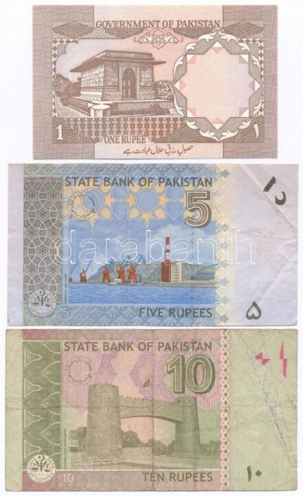 Pakisztán 1983. 1R + 2009. 5R + 10R T:I-III Pakistan 1983. 1 Rupee + 2009. 5 Rupees + 10 Rupees C:UNC-F