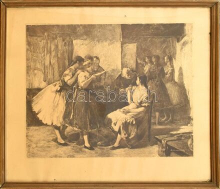 Domanovszky Endre (1907-1974): A levél. Rézkarc, papír, jelzett a karcon, üvegezett fa keretben, lap széle kissé sérült, 38×46 cm
