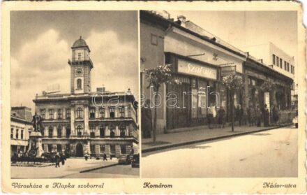 1944 Komárom, Komárno; Városháza, Klapka szobor, Nádor utca, Szalay üzlete / town hall, statue, street view, shops (EM)