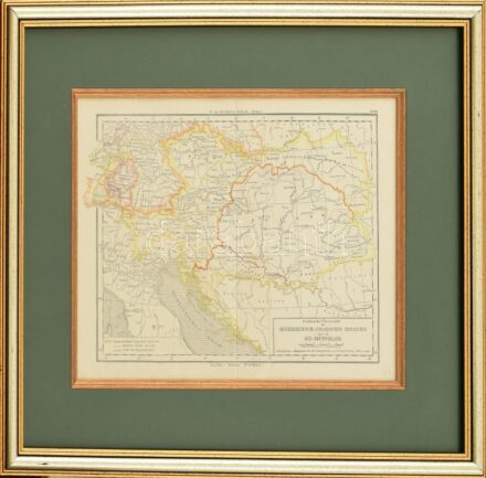 cca 1900 Ausztria és Magyarország és Dél-Németország politikai térképe üvegezett keretben 21x26 cm