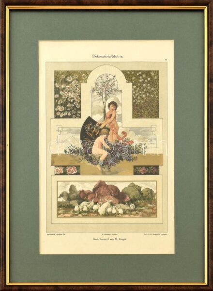 cca 1900 Szecessziós dekorációs grafika litográfia üvegezett keretben 32x21 cm