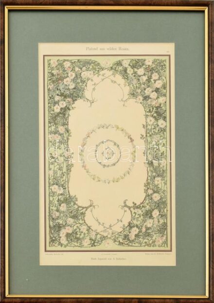 cca 1900 Szecessziós plafon dekorációs grafika litográfia üvegezett keretben 32x21 cm