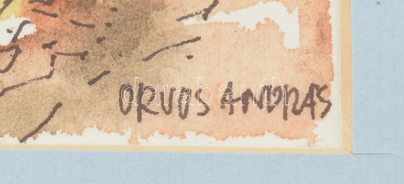 Orvos András (1939- ): Vác, látkép. Tus, akvarell, papír, jelzett, hátoldalán autográf felirattal. Üvegezett fa keretben, 13×18 cm - Image 2