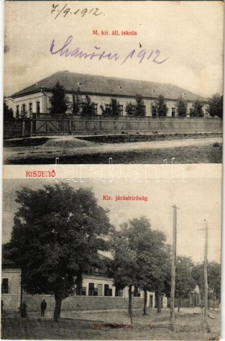 1912 Kisjenő, Kis-Jenő, Chisineu-Cris; M. kir. állami iskola, Kir. járásbíróság. Messzer Lipót kiadása / school, county court