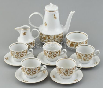Henneberg porcelán mokkás készlet, 5 személyes, matricás, jelzett, minimális kopással
