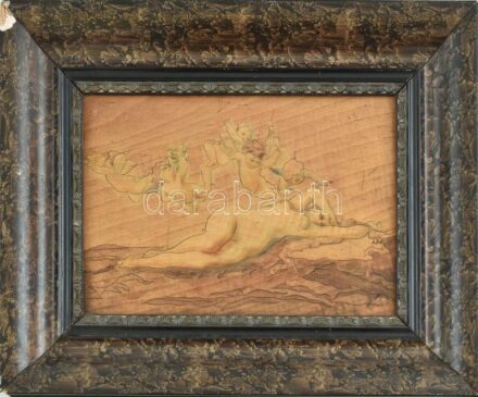 Antik erotikus intarzia puttókkal XIX.sz. Kissé hibás régi kerettel 19x26 cm