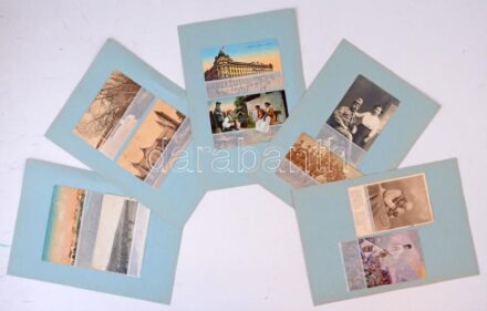 10 db RÉGI képeslap 5 lapon elrendezve, külföldi városok és katonai motívumok / 10 pre-1945 postcards arranged on 5 sheets, European towns and military motives