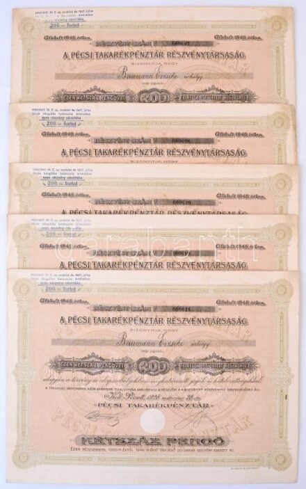 Pécs 1926. 'Pécsi Takarékpénztár Részvénytársaság' névre szóló részvénye 200P-ről (10x) '000607 - 000616' sorszámkövetők, szárazpecséttel, bélyegzéssel T:II hajtatlan