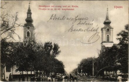 Újsové, Neu-Schowe (Sóvé, Ravno Selo); Fő utca, evangélikus és református templomok. tausz Mihály kiadása / main street and churches (Rb)