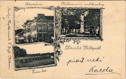 Módos, Jasa Tomic; községháza, Milleniumi emlékoszlop, Temes híd. Mattanovich T. fényk. kiadása / town hall, monument, Timis bridge. Art Nouveau, floral (Rb)