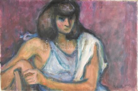 Gráber Margit (1896-1993): Leány arckép, 1979. Olaj, vászon, jelzett, hátoldalán autográf felirattal, 40×60 cm / oil on canvas, signed