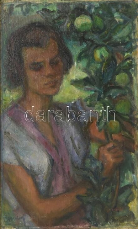 Gráber Margit (1896-1993): Lány gyümölcsággal. Olaj, vászon, kartonon, jelzett. Hátoldalán feliratozott és ltsz. 78.591 számmal. Proveniencia: Korábban letétben a Fővárosi Képtárban. 60×38 cm. Fa keretben / oil on canvas, mounted