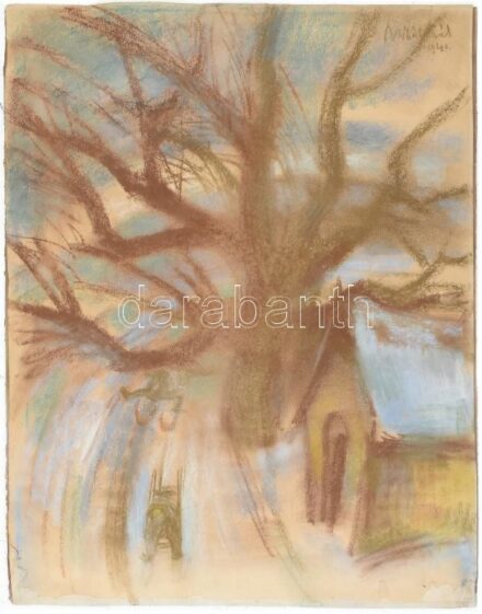Miháltz Pál (1899-1988): Fények (Kert, Faluvége), 1941. Pasztell, papír, jelzett. Hátoldali Nemzeti Szalon töredékes címkéjével. Feltehetően kiállítva: Uj Művészek Egyesülete kiállítása, Nemzeti Szalon, 1942. április 5.-19.,