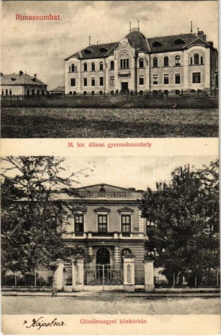 1912 Rimaszombat, Rimavská Sobota; M. kir. állami gyermekmenhely, Gömörmegyei közkórház. Ifj. Rábely Miklós kiadása / orphanage, hospital (Rb)