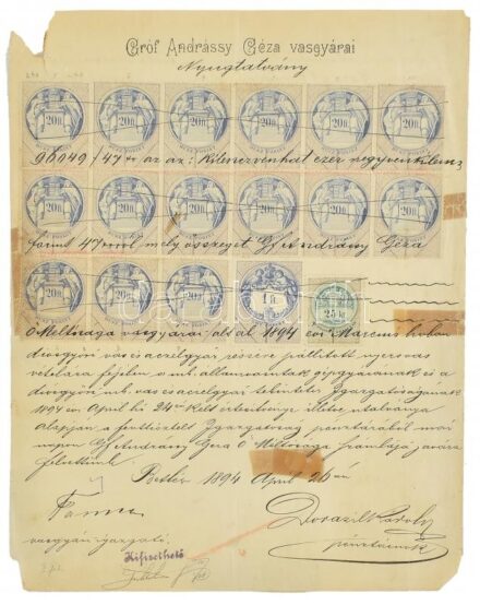 1894 gr. Andrássy Géza vasgyára, Betlér, rendkívül magas illetékbélyeg lerovás. 15x20ft + 1 Ft + 25 kr, összesen 301Ft 75 kr / Extremly large amount of doc. spamps franking on receipt
