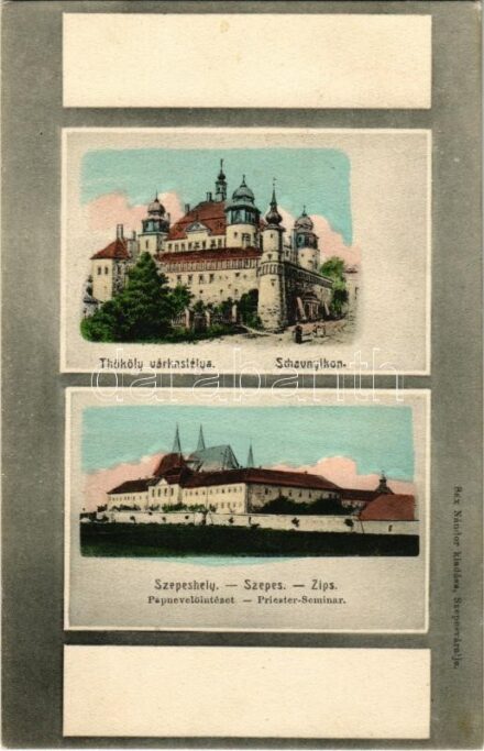 1908 Szepeshely, Spisská Kapitula; Thököly várkastély Schavnyikon (Savnik), papnevelőintézet. Sax Nándor kiadása / castle in Spissky Stiavnik, seminary school