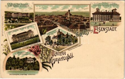 Kismarton, Eisenstadt; Katonai alreáliskola, Eszterházy Herceg várkastély, Mária templom, Kálváriatemplom Felsőkismartonhegyen. Anton Pinter kiadása / military school, castle, churches. Art Nouveau, floral, litho