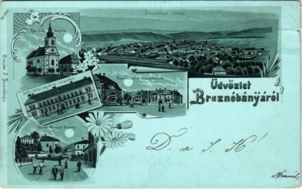 1898 (Vorläufer) Breznóbánya, Brezno nad Hronom; Római katolikus templom, Piac tér és városháza, Szent Kereszt kápolna, M. kir. állami polgári fiú és leányiskola, este. Kreisler J. kiadása / church, square, town hall, school, chapel.
