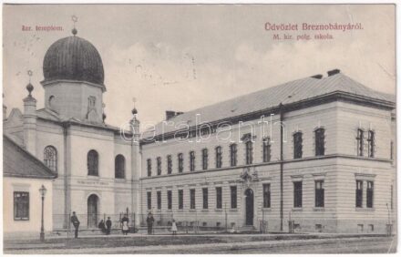 1911 Breznóbánya, Brezno nad Hronom; Izraelita templom, zsinagóga, M. kir. polgári iskola. Kreisler József kiadása / synagogue, school (EB) + 'ZÓLYOM-BRÉZÓ-ZÓLYOM 97. SZ.' vasúti mozgóposta