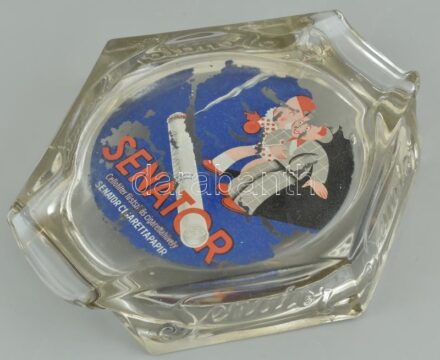 Senator cigarettapapír reklámjával díszített üveg pénzvisszaadó tál, dekoráción erős kopásnyomokkal, 23×20 cm