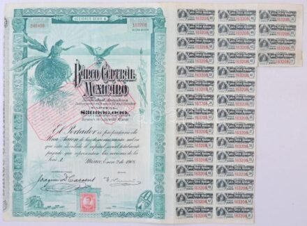 Mexikó 1908. 'Banco Central Mexicano' részvény 100P-ról, 'Blueberry', szelvényekkel, felülbélyegzésekkel T:II- / Mexico 1908. 'Banco Central Mexicano' share about 100 Pesos, 'Blueberry' with coupons and overprints C:VF