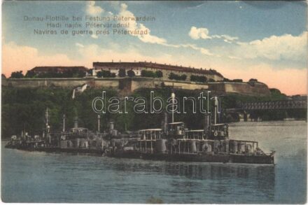 Donauflottille bei Festung Peterwardein. K.u.K. Kriegsmarine / Osztrák-Magyar Haditengerészet Dunaflottilla hadihajói Pétervárad váránál. Singer J. udvari fényképész / Austro-Hungarian Navy Danube Fleet river guard ships near