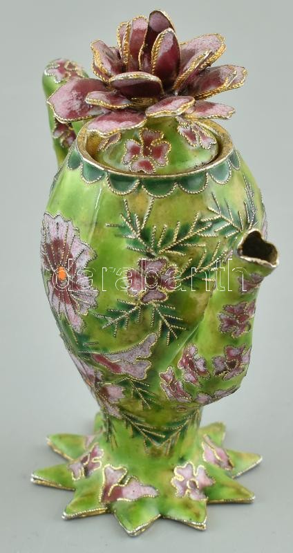 Virágos tűzzománc kanna, kisebb kopásnyomokkal, m: 11,5 cm - Image 2