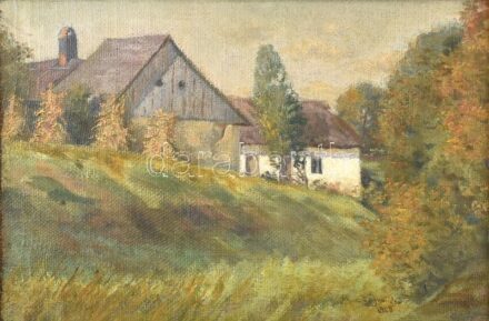 Olvashatatlan jelzéssel (...Lajos?), XX. sz. elején működött magyar festő alkotása: Faluvége (Erdély?), 1909. Olaj, karton, fa keretben, 30×45 cm