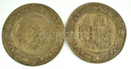 Préselt fali fém dísztál, 2db, kocsmajelenetes. kopott, d: 44 cm