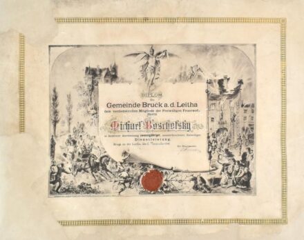 1902 Bruck an der Leitha, Önkéntes tűzoltóság által kiállított oklevél 20 éves szolgálatért, viaszpecséttel, restaurált