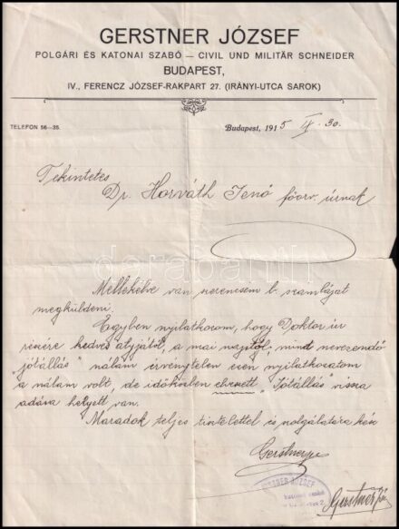 1915 Bp., Gerstner József polgári és katonai szabó saját kézzel írt levele fejléces levélpapírján