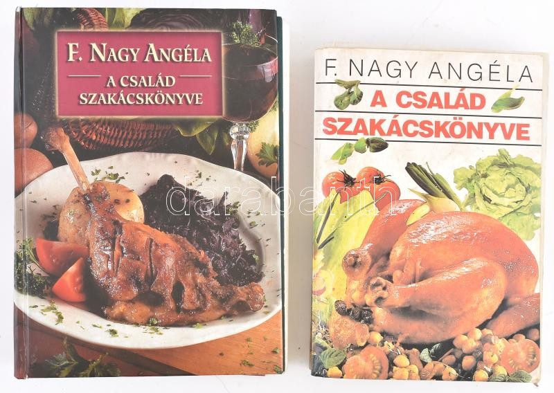 2 db szakácskönyv: F. Nagy Angéla: A család szakácskönyve. (Régebbi és újabb kiadás). Bp., 1995/2001, Kossuth/Sík Kiadó, 405 + 517 p. Kiadói papírkötés/kartonált papírkötés, kissé viseltes állapotban, az egyik kijáró