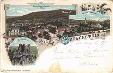 1897 (Vorläufer!) Seebenstein, Sommerfrische Seebenstein mit Schloss, Partie mit Pfarrkirche, Türkensturz / general view with railway station and castle, parish church, castle ruins. Karl Schwidernoch Art Nouveau, floral, litho (EB)