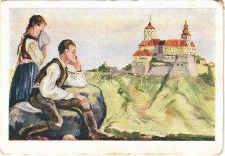1937 Az ősi fraknói vár. Magyar múlt dicsősége, magyar jövő reménysége. Kiadja a Magyar Nemzeti Szövetség / Forchtenstein castle (Burgenland), Hungarian irredenta propaganda art postcard s: Márton L., Nógrády M. (EM)