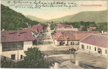 1910 Garamszentbenedek, Sankt Benedikt, Sväty Benadik, Hronsky Benadik; látkép a templombástyáról, üzlet / general view from the church tower, shop + 'G.BERZENCZE - P.NÁNA 87. SZ. B' vasúti mozgóposta bélyegző