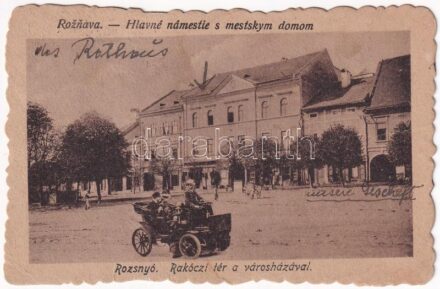 1921 Rozsnyó, Roznava; Hlavné námestie s mestskym domom / Rákóczi tér, Városháza, üzletek. Montázs automobillal / square, town hall, shops. Montage with automobile (EB)