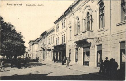 1911 Rimaszombat, Rimavská Sobota; Erzsébet tér, étterem és kávéház, Lévai Izsó üzlete és saját kiadása / square, restaurant and café, publisher's shop (EK)