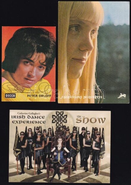 3 db fotólap külföldi előadóművészek aláírásaival (Catherine Gallagher, Jacqueline Midinette, Peter Orloff)