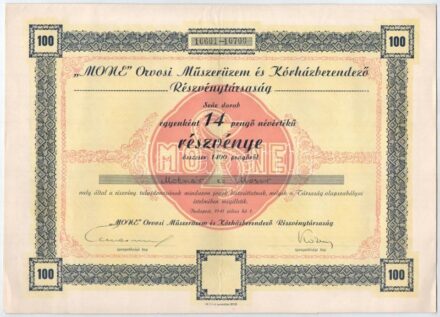 Budapest 1941. 'MONE Orvosi Műszerüzem és Kórházberendező Részvénytársaság' névre szóló száz részvénye egyben, összesen 1400P-ről, szelvényekkel, szárazpecséttel T:II