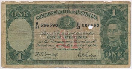 Ausztrália 1941-1948. 1P 'H21 536590' T:III- ly. Australia 1941-1948. 1 Pound 'H21 536590' C:VG hole Krause P#26