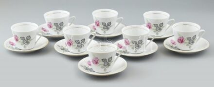 Alföldi kávés csészék aljjal (8 db) Matricás porcelán, jelzett, apró kopások, csorbák.