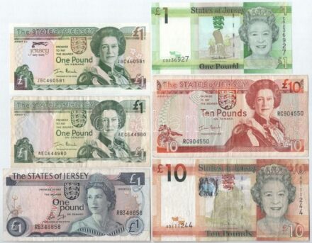 Jersey 6db-os bankjegy tétel, mind különféle kiadás, 1P és 10P címletek T:III, egyik I Jersey 6pcs of banknotes lot, all different issues in 1 Pound and 10 Pounds denominations C:F, one is UNC