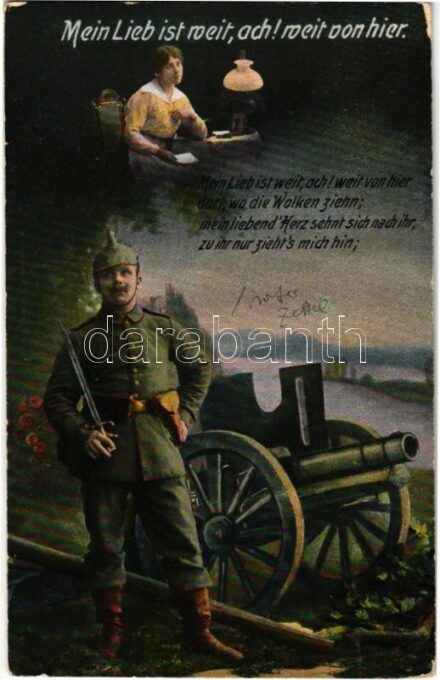 1916 Mein Lieb ist weit, ach! weit von hier / WWI German military art postcard, romantic couple. WSSB Serie 957/I. + 'Feldlaz. 6. des 1. Bayer. A.K. Feldpost I. Bayer. Armeekorps' (EK)