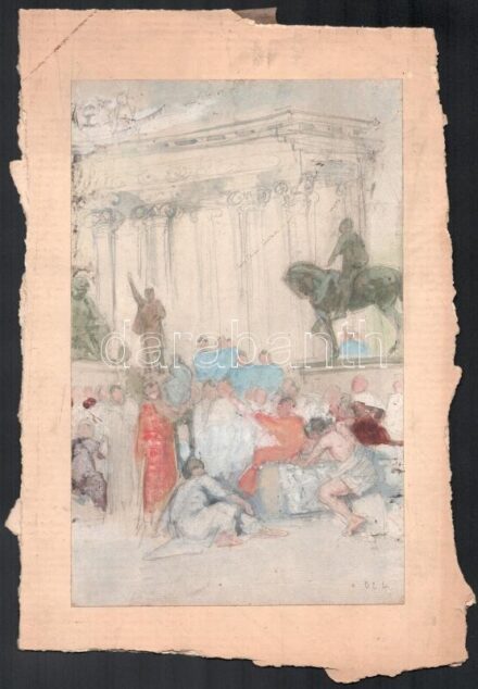 Deák Ébner Lajos (1850-1934): Műcsarnok tervezet. Gouache, ceruza, papír, kartonra kasírozva. Jelzett. Hátoldalán feliratozott és 71-es számú régi kiállítási raglappal. Proveniencia: Kézdi-Kovács László (1864-1942) festőművész