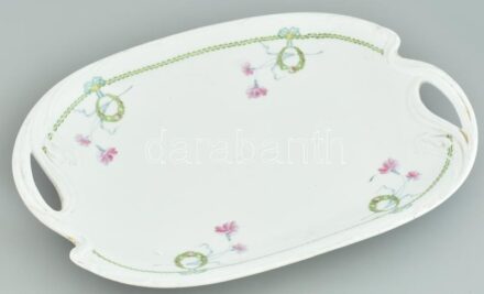 Oblatt Júlia Hódmezővásárhely jelzett, matrivás porcelán sültes tál, kopott, 40x27 cm. Oblatt Júlia gyára Hódmezővásárhelyen 1943-ig működött.