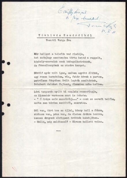 1976 Tasnádi Varga Éva (1924-1979) költő, ifjúsági író versének gépirata, rajta dedikációjával
