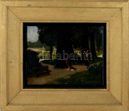 Fáy Lóránt (1906-1945): Kislány a parkban. Olaj, vászon, jelzett, restaurált. Dekoratív, kissé sérült fa keretben. 29,5×37 cm